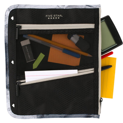 Five Star Pencil Pouch, Pen Case, 3-Pocket Zipper Pouch, Fits 3-Ring Binder, Storage Organizer for Classroom Supplies Earbuds Chargers Cables Makeup, Black/Grey (506420A-ECM)