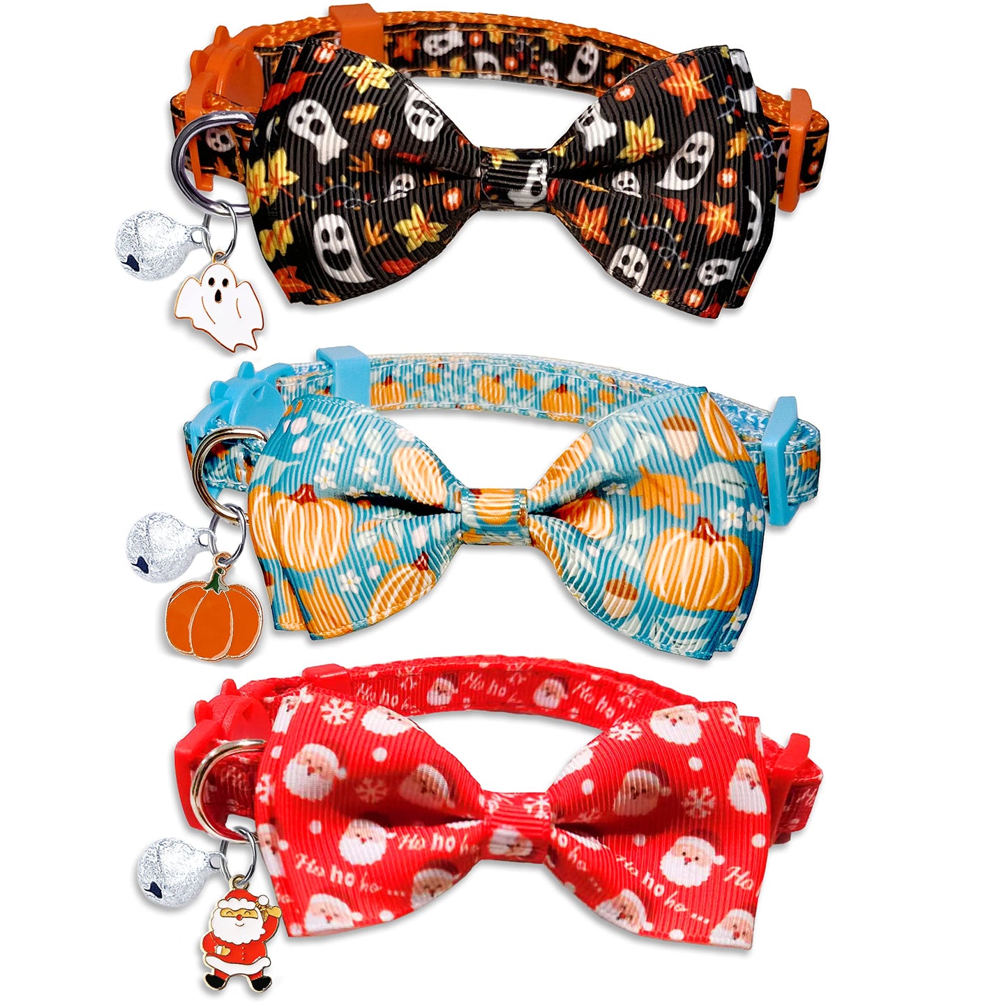 3 Pack Holiday Cat Collar with Bow and Bell, Halloween Thanksgiving Christmas Cat Collar for Boys and Girls Kitties Kittens
