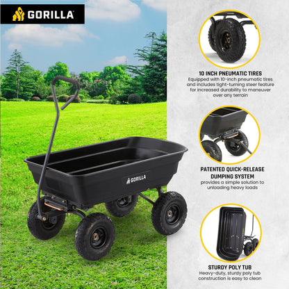 Gorilla Carts GOR4PS Poly Garden Dump Cart with Steel Frame and 10-in. Pneumatic Tires, Padded pull handle and Quick-release for easy unloading, 600-Pound Capacity, Black