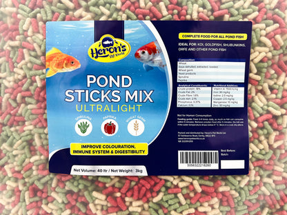 HERONS - Pond Sticks Mix Ultralight 40L - Floating Sticks for Koi, Carp and Coldwater Fish - Immune System Boost - With Spirulina and Paprika - Complete Feed for Pond Fish - 3 KG