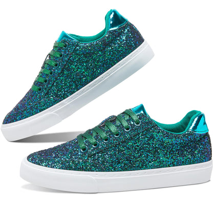 Jeekopeg Glitter Sparkly Fashion Sneakers Shoes Shiny Casual Shoes Bling Sequin Concert Low Cut Lace up Shoes(Green Glitter,8 Women/6.5 Men)