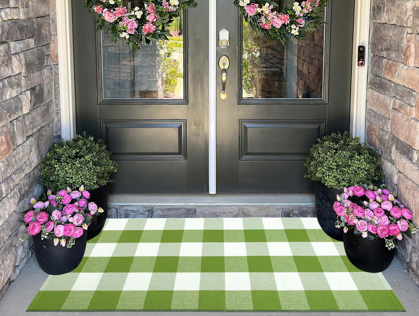 Green and White Buffalo Outdoor Rug 24''x51''Checkered Plaid Front Porch Rug Cotton Woven Machine Washable Door Mat Outdoor for Layered Doormat Hello Welcome Door Mat Kitchen Farmhouse Entryway