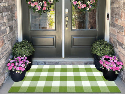 Green and White Buffalo Outdoor Rug 24''x51''Checkered Plaid Front Porch Rug Cotton Woven Machine Washable Door Mat Outdoor for Layered Doormat Hello Welcome Door Mat Kitchen Farmhouse Entryway