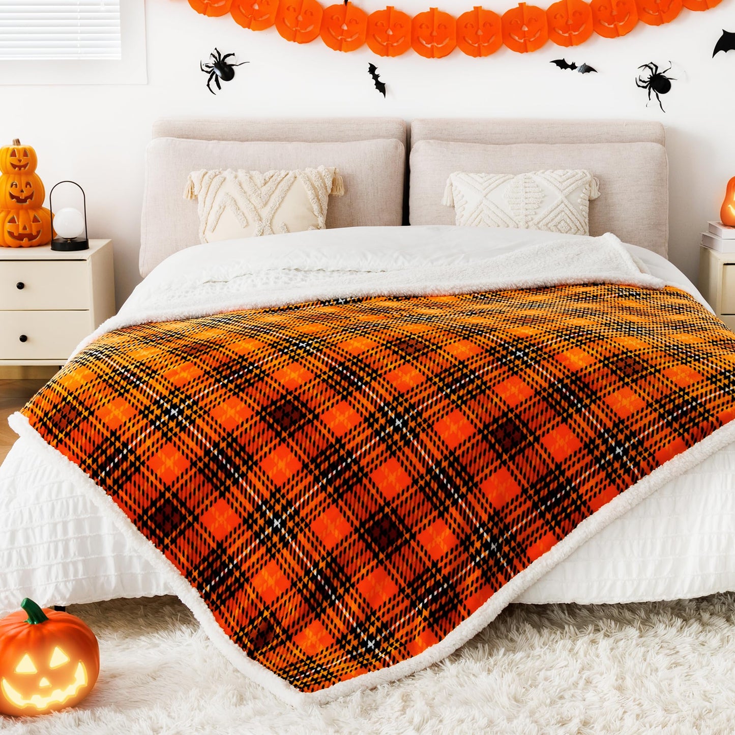Touchat Sherpa Halloween Plaid Throw Blanket(60" X 70", Plaid Orange), Fuzzy Fluffy Cozy Soft Blanket, Fleece Flannel Plush Twin Size Microfiber Blanket for Couch Bed Sofa