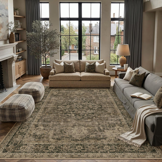 PureCozy 8x10 Washable Area Rug Brown for Living Room Vintage Oriental Non Slip Low Pile Carpet Soft Traditional Distressed Throw Rug for Dining Room Bedroom Indoor