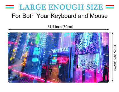 Japanese Street Desk Mat Futuristic Neon City Print Mouse Pad, Exclusive Desk Mats, XXL Large Gaming Mousepad 31.5"x15.75", Office Decor for Women Girls Keyboard Mat Laptop Computer Mat