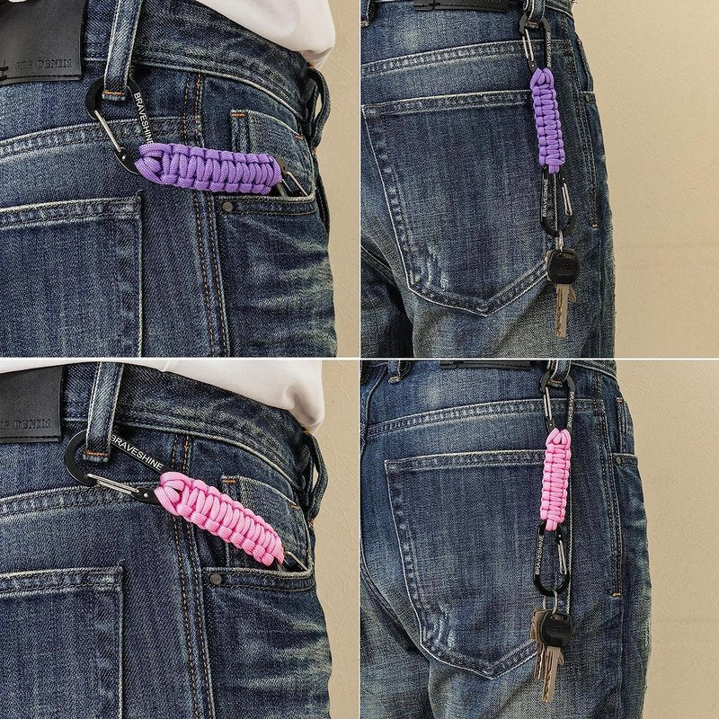 BRAVESHINE 2 Pack Purple Paracord Keychain Hook Carabiner Clips, Lanyard Hanger with D Ring Hooks Heavy-Weight Stroller Hook Holder for Water Bottle, Key, Backpack, Tools, Boys, Girls, Men, Women
