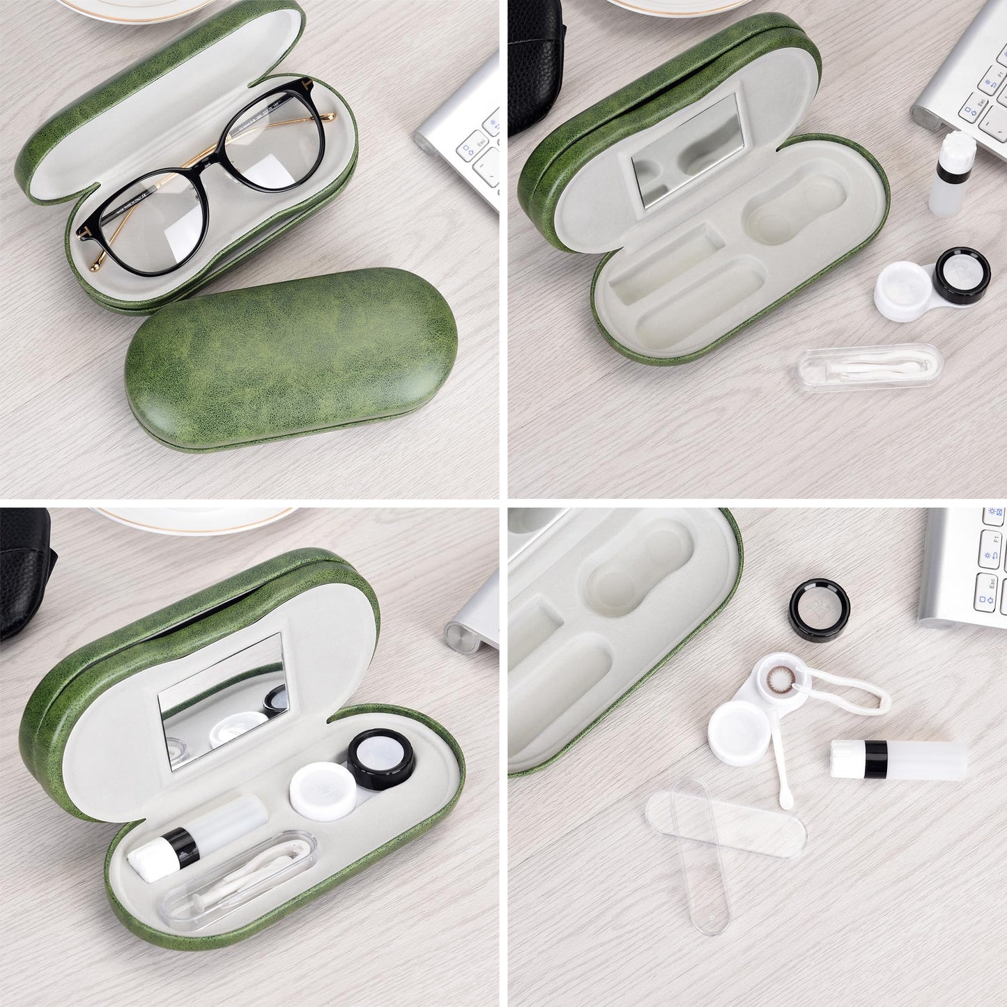 Muf 2 in 1 Contact Lens Case and Glasses Case,Double Sided Dual Use Design,Leak Proof & Portable,Tweezer and Contact Lens Solution Bottle Included for Travel Kit,Green