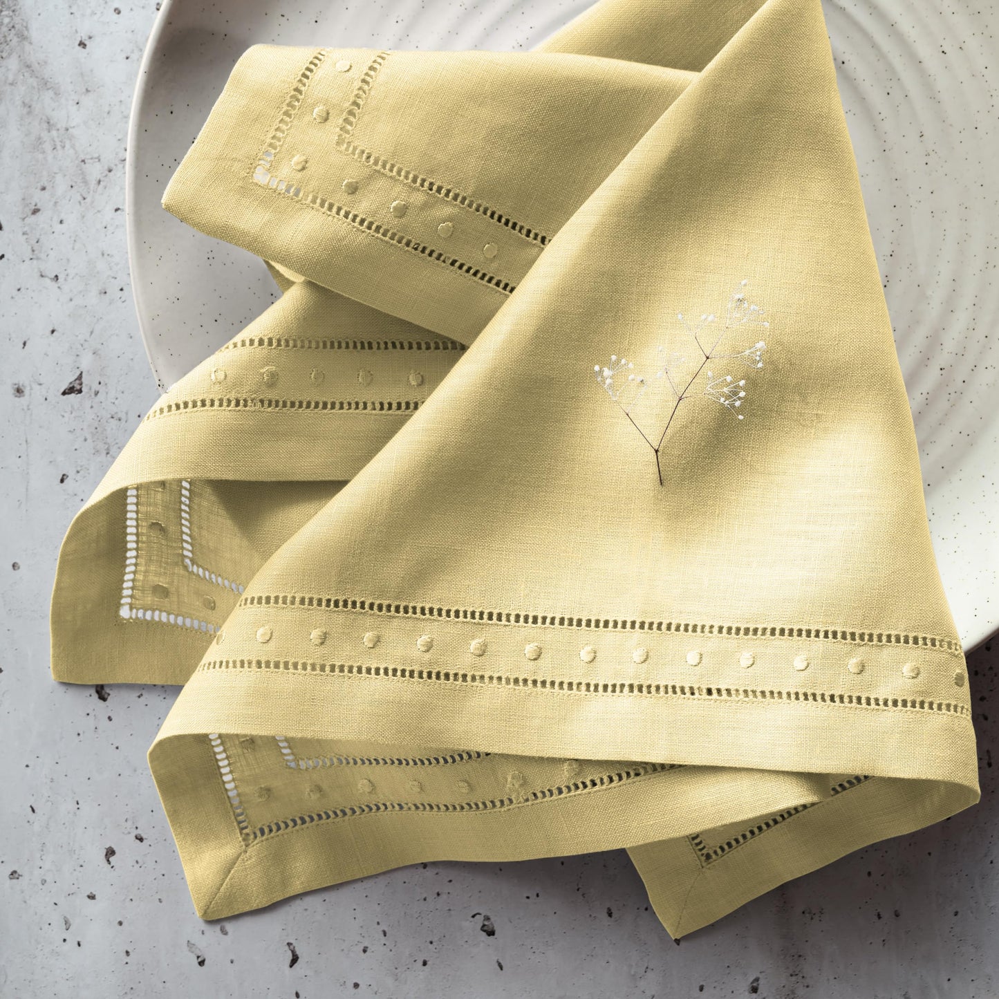 Linen Napkins 18 x 18 inch - 100% Flax Linen Yellow Dinner Napkins with Embroidered Dot 18 x 18 inch - Hemstitch Cloth Napkins Washable for Summer