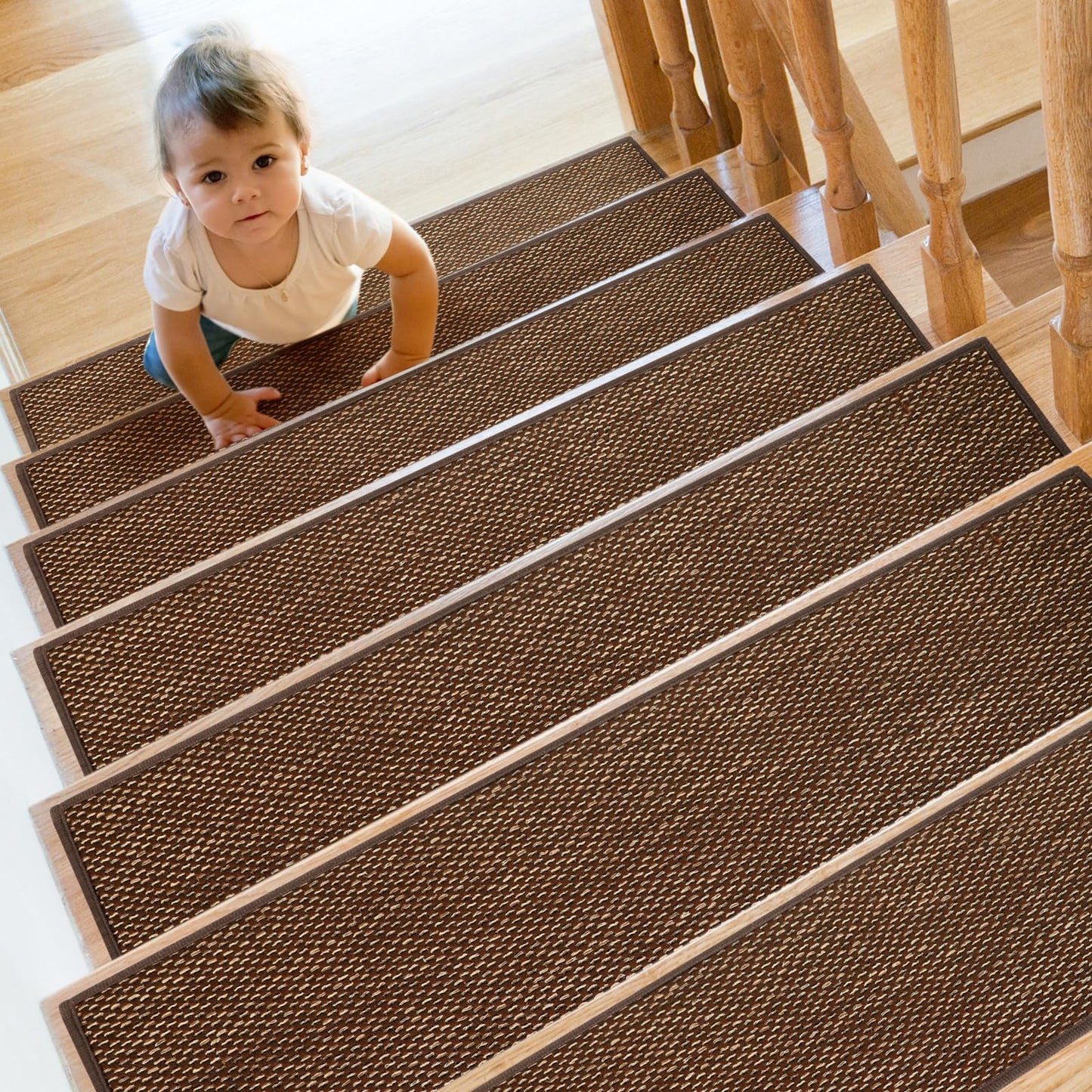 SMILOOL Stair Treads Non Slip for Wooden Steps Indoor 9" x 36" 4 Pack Extra Wide Stair Tread Carpet Stairs Runner, Step Pads with Reusable Adhesive for Dogs Kids Elders, Machine Washable, Brown