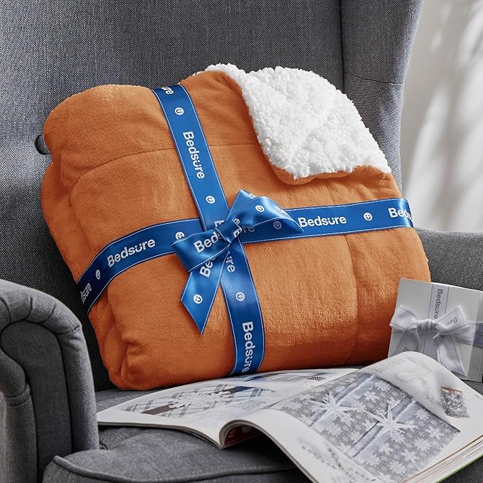 Bedsure GentleSoft Sherpa Fleece Blankets King Size for Bed - Thick and Warm, Soft Fuzzy Plush King Blanket for Winter, Burnt Orange, 108x90 Inches