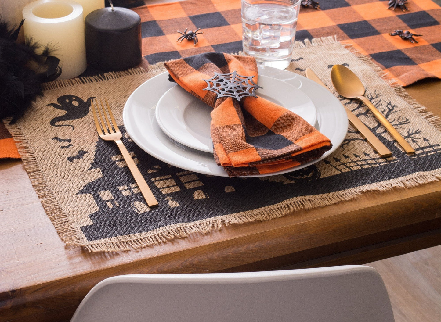 DII Halloween Primitive Style Burlap Tabletop Décor, Spooky Haunted House Jute, Placemat Set, 13x19, Black & Tan, 4 Count