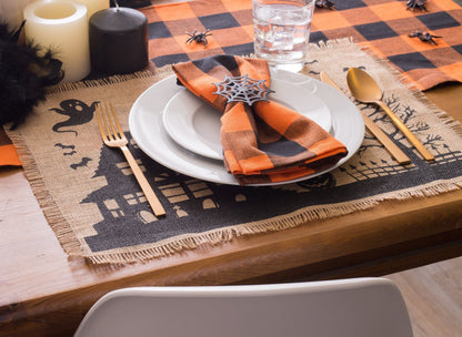 DII Halloween Primitive Style Burlap Tabletop Décor, Spooky Haunted House Jute, Placemat Set, 13x19, Black & Tan, 4 Count