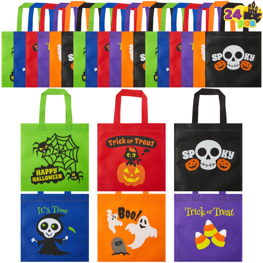 JOYIN 24PCS Halloween Non-Woven Treat Bags, 9" Goodie Totes Bags with Handles, Halloween Candy Bag for Kids Trick or Treating, 6 Cute Designs Gifts Goody Bag Bulk for Classroom Party Favor Supplies