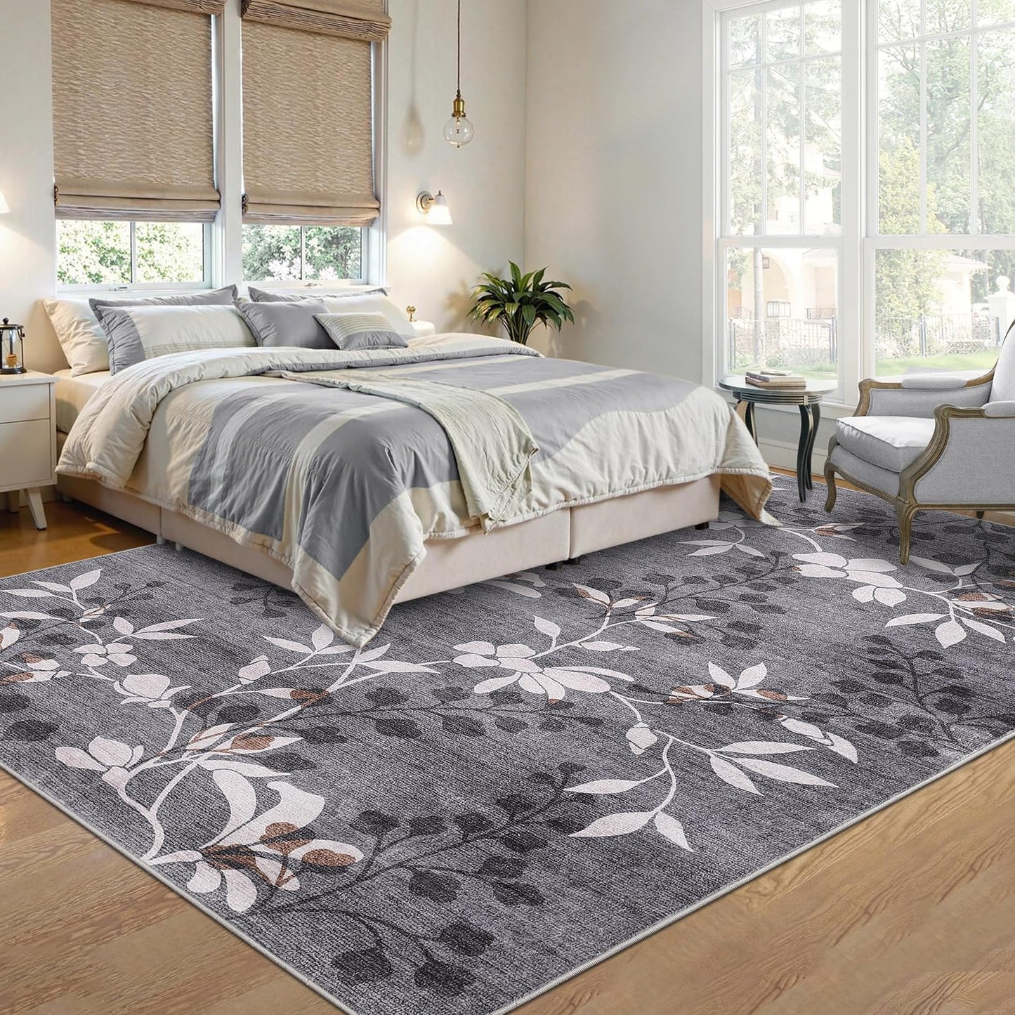 Garvee 5x7 Washable Living Room Rugs, Non Slip Bedroom Rugs, Large Floral Print Throw Carpet for Dining Room, Soft Low Pile Botanical Home Decor Rug for Nursery Home Office, Grey