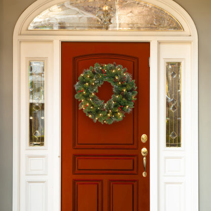 National Tree Company 30 in Pre-Lit Crestwood Spruce Artificial Christmas Wreath, Christmas Decoration with Glitter, Pinecones, Red Berries, 70 Clear Lights, 200 Tips, Green