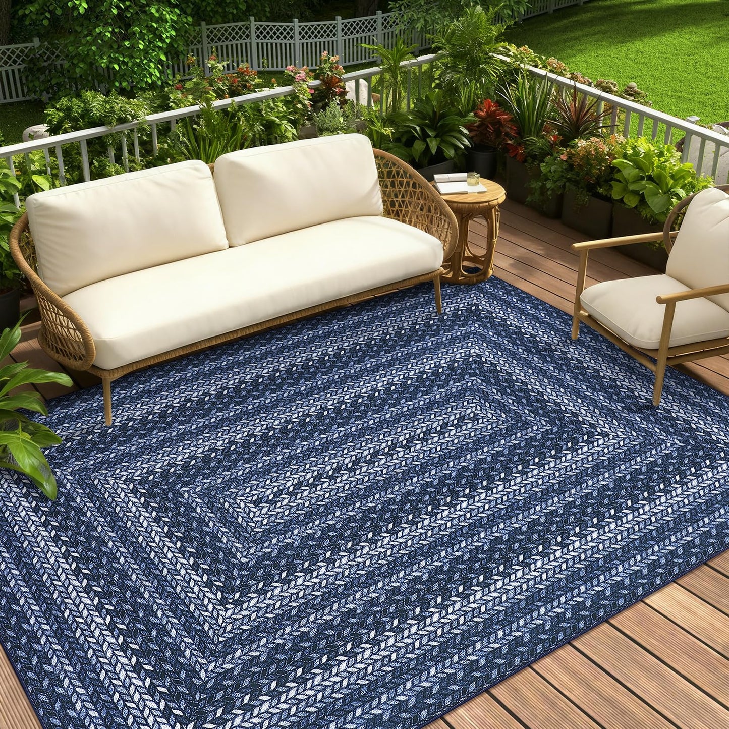 Braided 5x7 Rugs for Living Room Washable Easy Jute Outdoor Patio Rug Non Slip Stain Resistant Modern Bordered Bedroom Throw Carpet Indoor Outdoor Low Pile Area Rugs for Porch Kitchen, Slate/Blue