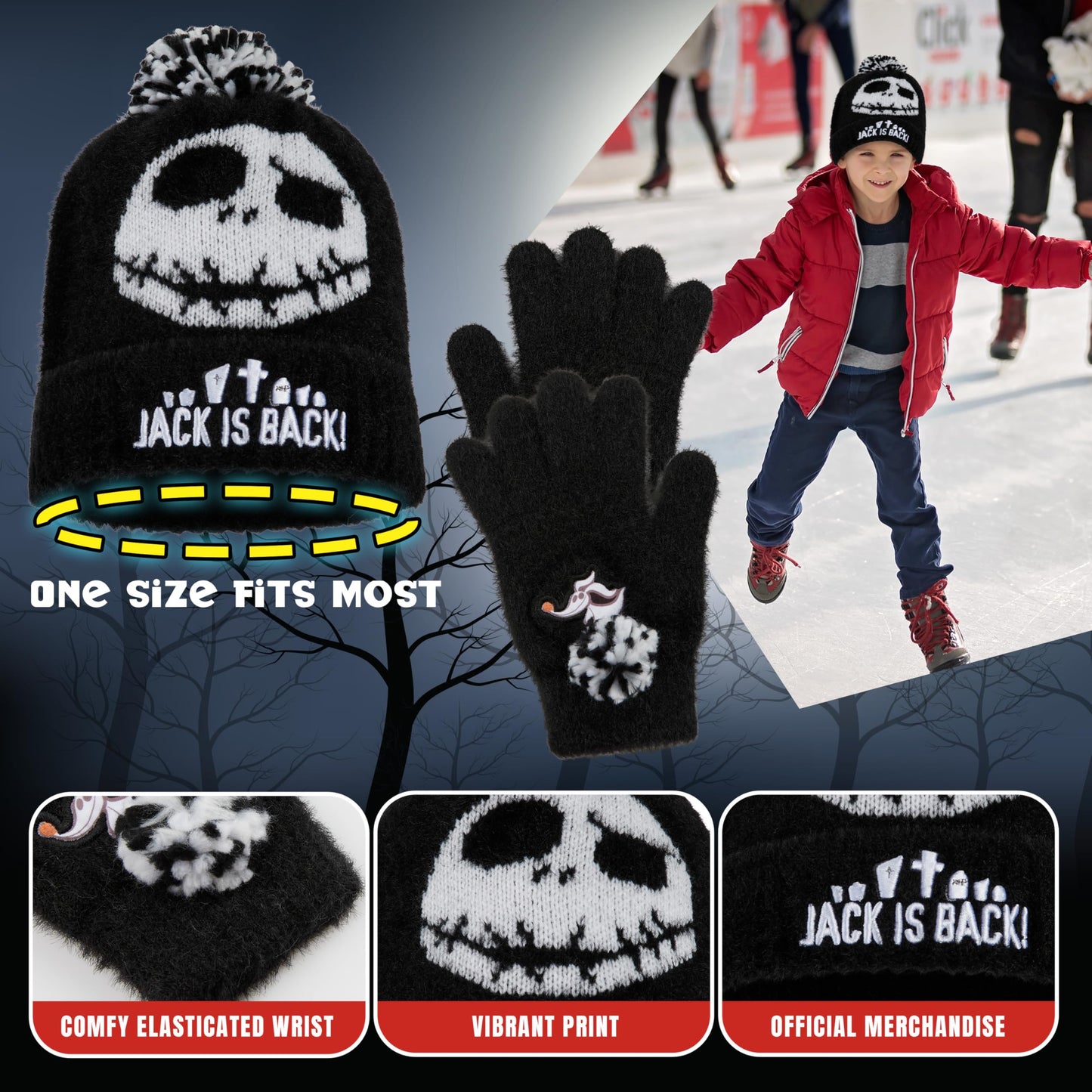 Disney The Nightmare Before Christmas Beanie Hat Gloves Set for Girls Teens, 6-14 Yrs, 2 Pc Set Travel Winter Gifts for Girls (6-14 Years, Black Jack)
