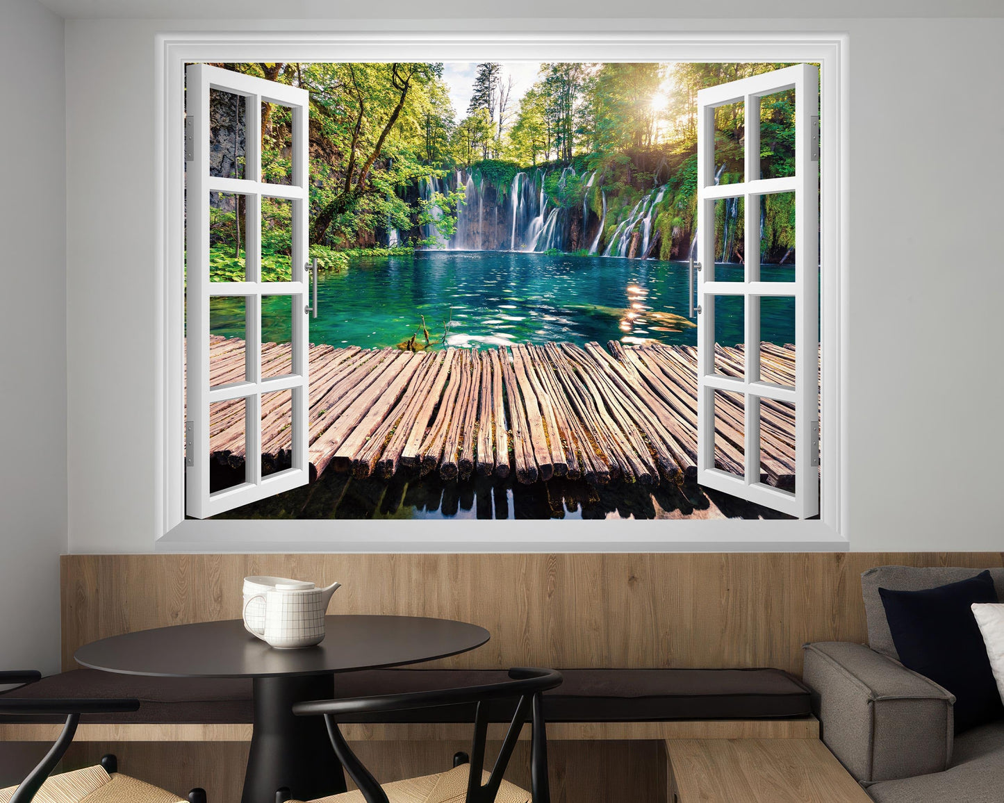 FLFK Fake Window Wall Mural - Waterfalls in The Jungle Faux Window Wall Sticker for Wall Decor, Stick and Peel Wall Decals,80"x60",Set of 5 Sheets