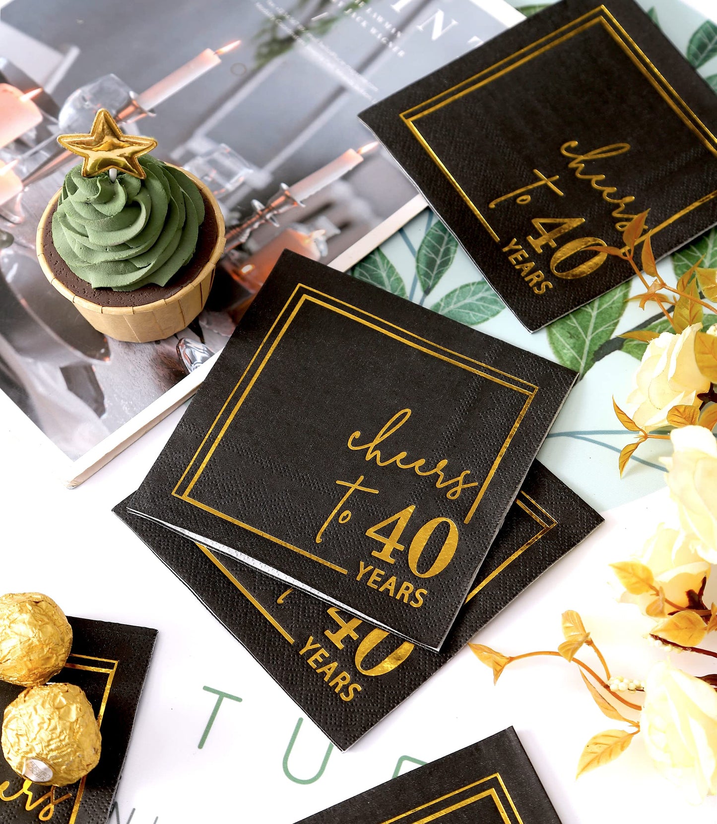 Cheers to Years Cocktail Napkins - 50PK - 3-Ply Birthday Napkins 5x5 Inches Disposable Party Napkins Paper Beverage Napkins for Birthday Decorations Wedding Anniversary Black and Gold (40 Years)