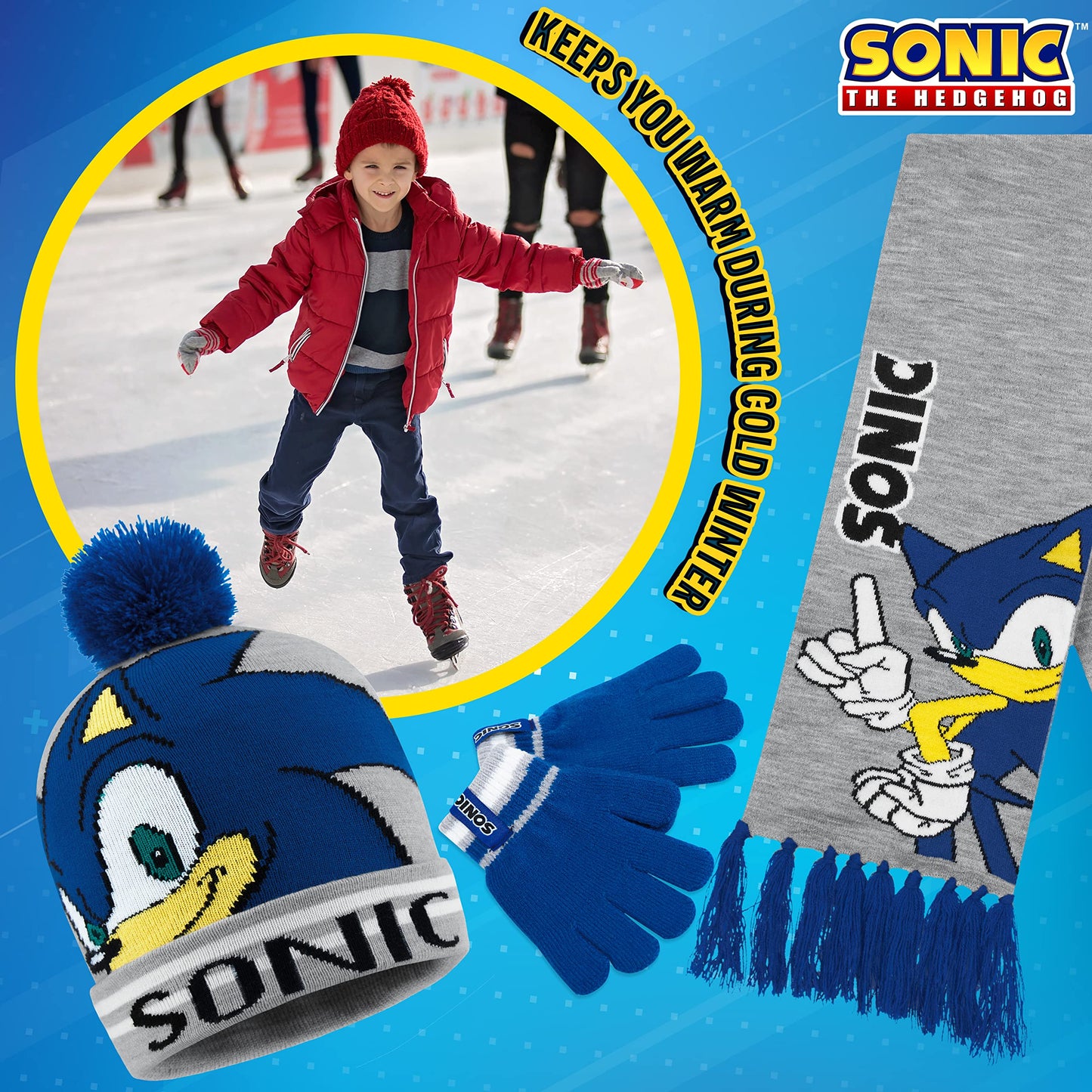 SONIC THE HEDGEHOG Beanie Hat Scarf and Gloves Set for Boys (4-15 Years, Blue/Grey Sonic 3 Pcs)