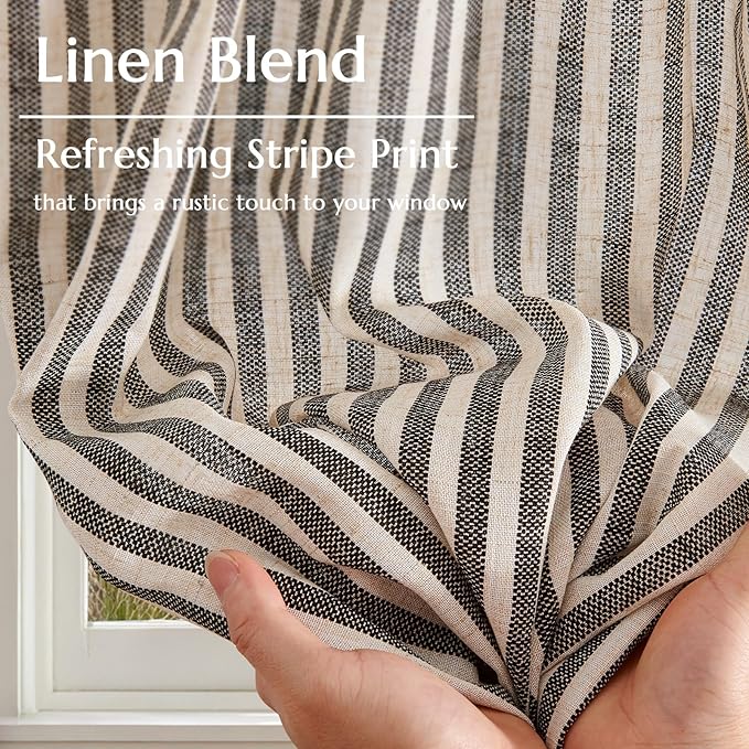 jinchan Striped Linen Kitchen Curtains 24 Inches Length Tier Curtains Farmhouse Modern Cafe Small Window Treatments Airy Light Filtering Rod Pocket for Living Room Bathroom 2 Panels Jet Black