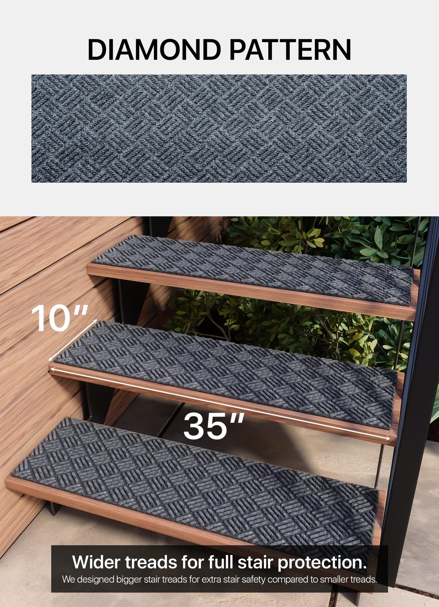 FINEHOUS Outdoor Stair Treads Non-Slip 35”x10” (6-Pack) – Carpet Treads with Rubber Backing Diamond Grey