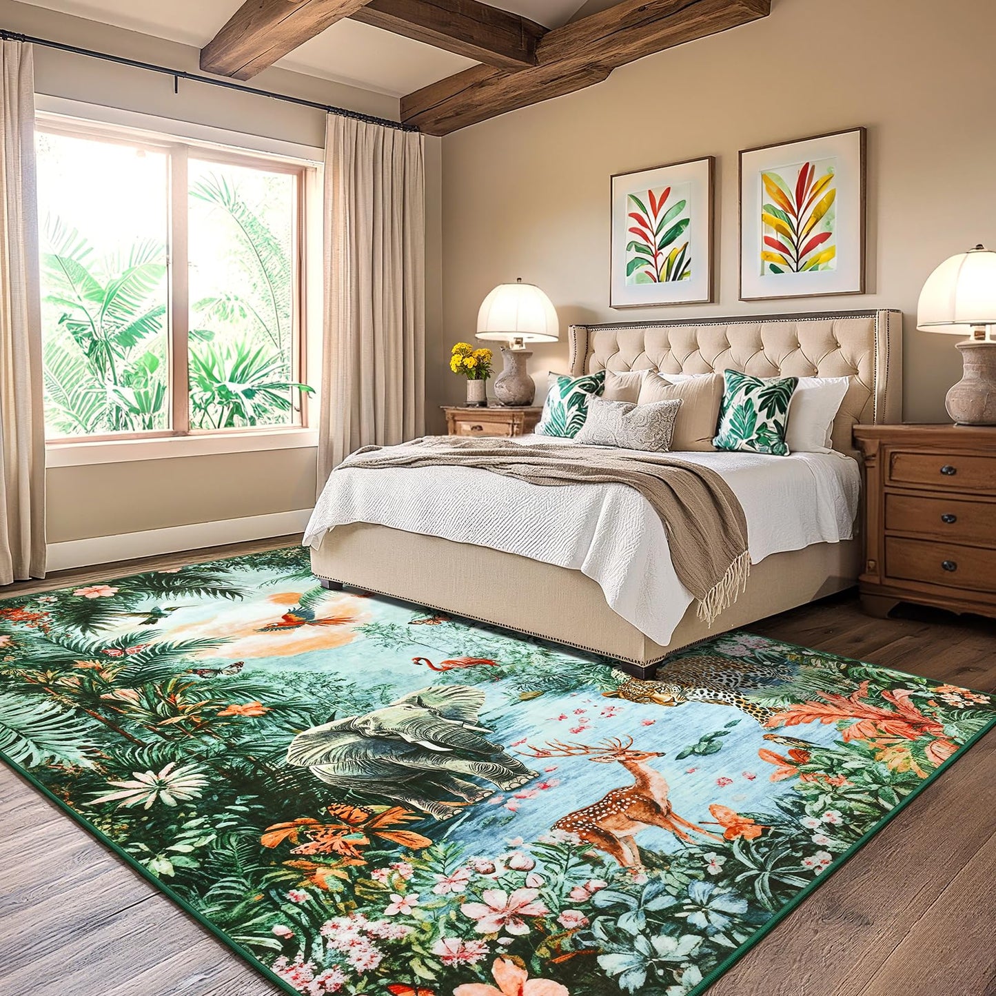Amearea Jungle Print 5x7 Area Rug for Living Room, Washable Green Rugs for Bedroom, Forest Animal Rug Low Pile Kids Nursery Room Rug, Leopard Rugs Carpet for Boys Girls Playroom Dining Room Decor