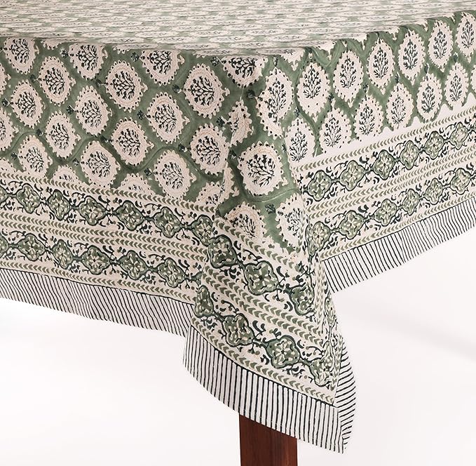 ATOSII Kari Green 100% Cotton Rectangle Boho Fall Tablecloth, Handblock Floral Table Cloth Linen for Kitchen Dining I Parties Wedding Outdoors Christmas Thanksgiving I 72 X 120 Inches I 10 Seater