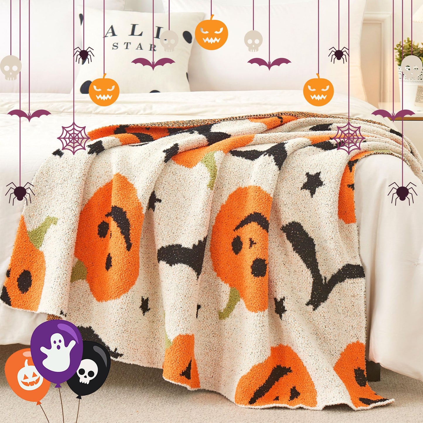 SeaRoomy Halloween Blanket, Ultra Soft Cozy Knit Throw Blanket for Couch, Warm Fluffy Microfiber Lightweight Knitted Throw Blanket Pumpkin Bat Halloween Decor (Pumpkins, 51"×63")