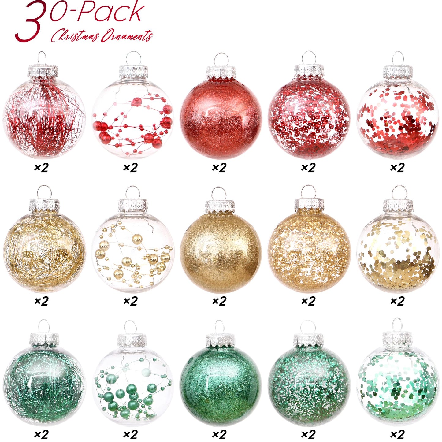 Sea Team 60mm/2.36" Shatterproof Clear Plastic Christmas Tree Ball Ornaments Set, Decorative Hanging Transparent Xmas Baubles with Stuffed Delicate Decorations (30 Counts, Gold, Red, Green)