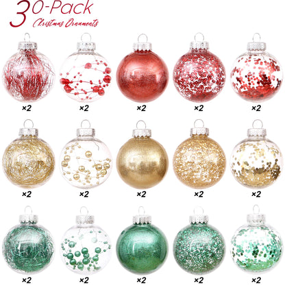 Sea Team 60mm/2.36" Shatterproof Clear Plastic Christmas Tree Ball Ornaments Set, Decorative Hanging Transparent Xmas Baubles with Stuffed Delicate Decorations (30 Counts, Gold, Red, Green)