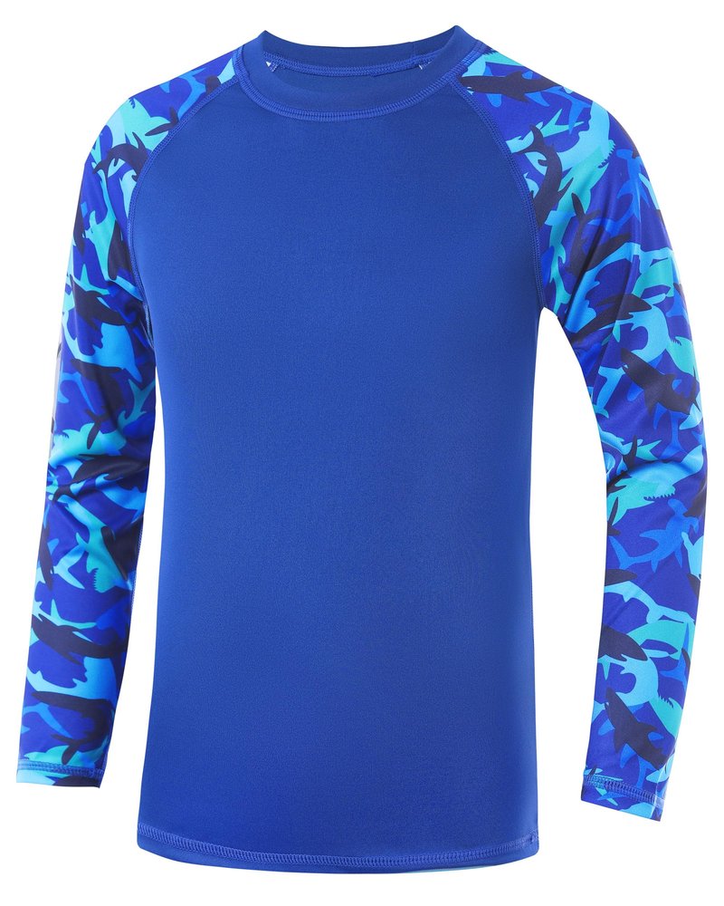 DRONIRING Boys' UPF 50+ Rash Guard Swim Shirts, Youth Kids UV Sun Protection Long Sleeve, Water Shirts for Fishing Beach Ocean Blue