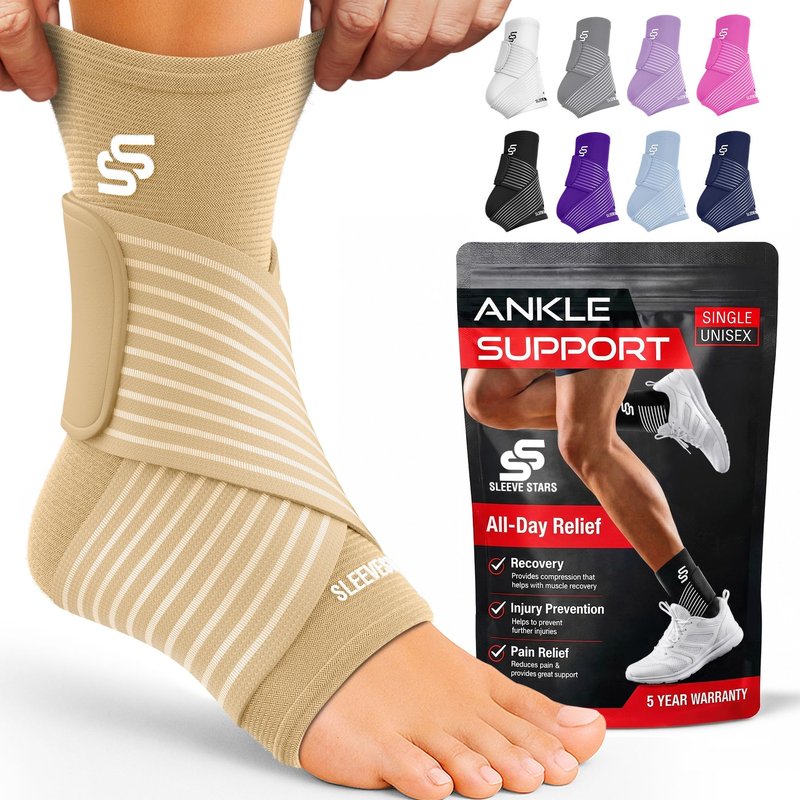 Sleeve Stars Ankle Brace for Women & Men, Ankle Wrap for Sprained Ankle, Compression Sleeve for Plantar Fasciitis Relief, Easy Customizable Support: w/Removable Strap (Single/S:9"-10"/Beige)