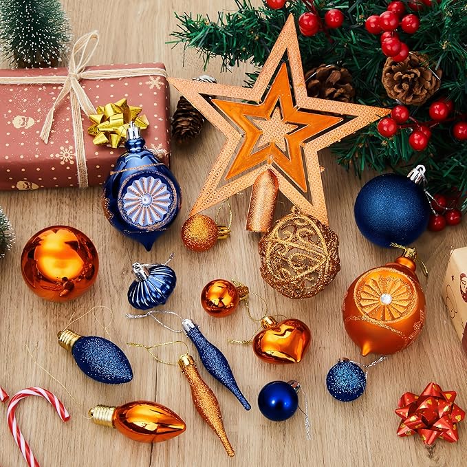 Joiedomi 36 Pcs Blue and Orange Christmas Tree Ornaments with Star Topper and Heart, Shatterproof Christmas Ball Ornaments Set, Assorted Xmas Hanging Decorations for Tree Wreath Garland Holidays