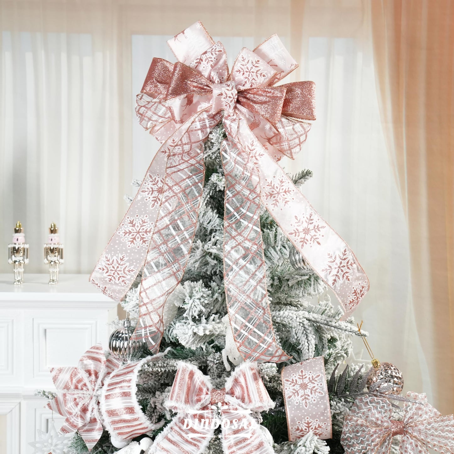 DINDOSAL Rose Gold Christmas Ribbon Wired 2.5" Pink Christmas Tree Ribbon Garland Rose Gold Glitter Wired Ribbon for Crafts, Wreaths, Topper Bows, Gift Wrapping, Home Decor (6 Rolls 36 Yards)