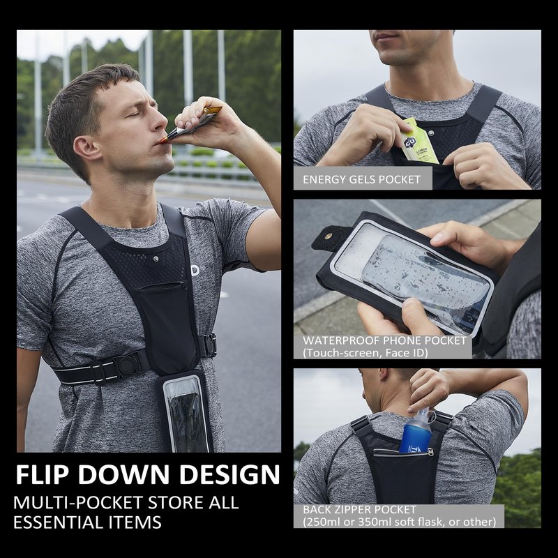 REVALI Running Vest for Men Women, USA Patent, Ultralight Reflective Running Vest Phone Holder Chest Pack for Hiking Cycling