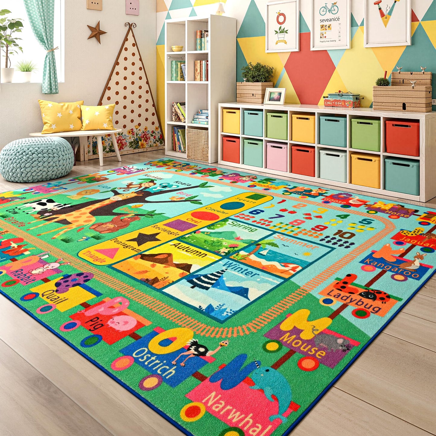 Maxsoft Kids Rug for Playroom, Educational 4x6 Play Mat for Classroom, Washable Playmat for Learning ABC Alphabet Animal Season Shapes Numbers Daycare Rug for Kids Room Nursery Children Toddler
