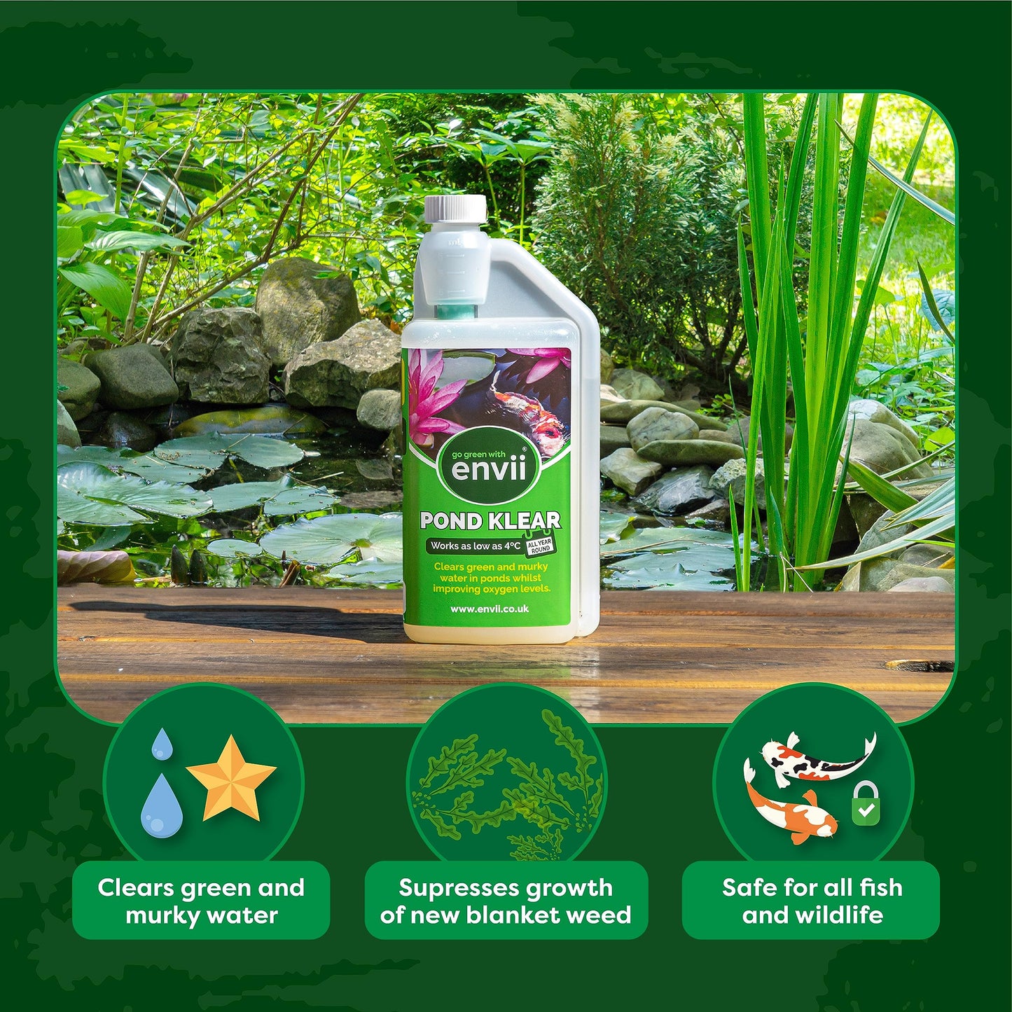 Envii Pond Klear - Natural Green Pond Water Treatment, Clears Green and Murky Water for Crystal Clear Healthy Water, Safe for all Fish and Wildlife -1L Treats 40,000 Litres