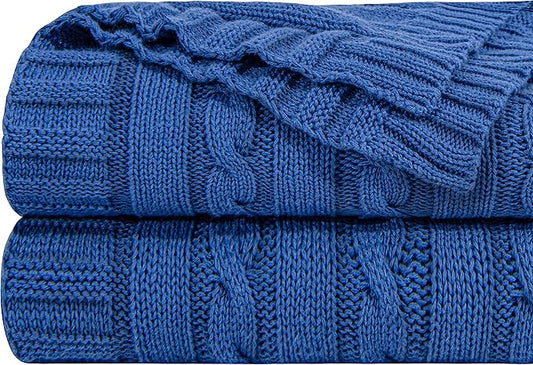 NTBAY 100% Pure Cotton Cable Knit Throw Blanket, Super Soft Warm 51x67 Knitted Throw Blanket for Couch, Sofa, Chair, Bed - Extra Cozy, Machine Washable, Comfortable Home Decor, Cobalt Blue