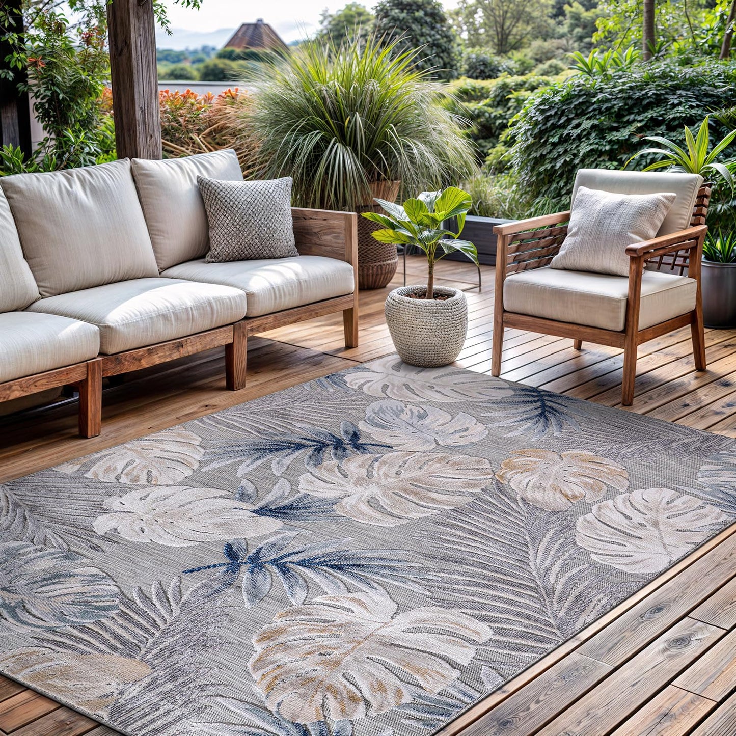 CAMILSON Indoor Outdoor Rug, Blue 5x7 Leaf Tropical Botanical Area Rugs for Indoor and Outdoor patios, Easy-Cleaning Non-Shedding Living Room, Garden and Kitchen Washable Outside Carpet (5 x 7)