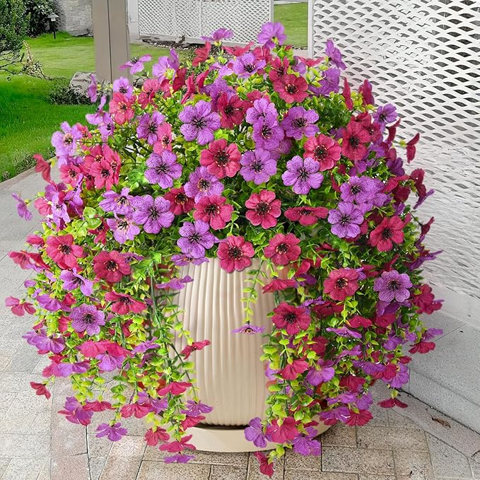 Artificial Faux Hanging Flowers Plants for Outdoor Spring Summer Decoration, 2PCS Fake Daisy Silk Plant Outside No Fade UV Resistant Realistic Home Decor for Porch Patio Window Box (Mix Purple)