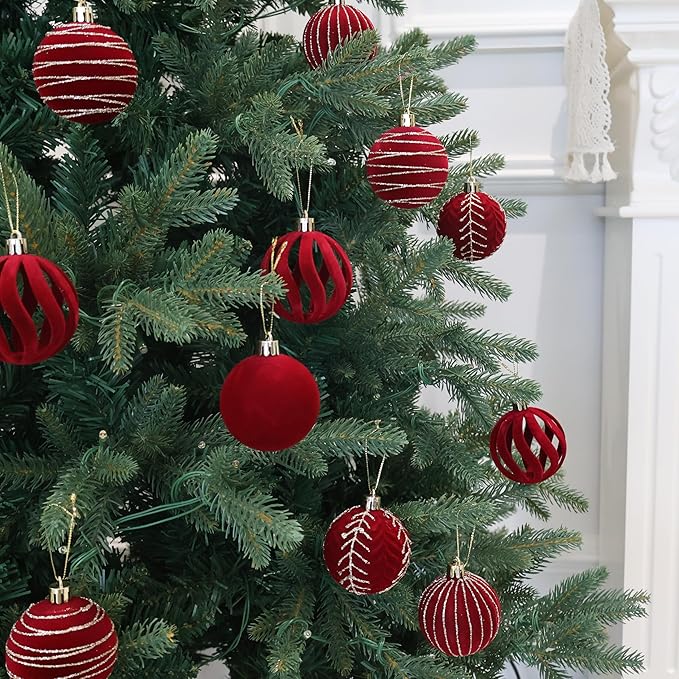 3.15INCH Burgundy Velvet Ornaments for Christmas Tree, 12PCS Glitter Flocked Christmas Ornaments Decorations Balls Set Decor