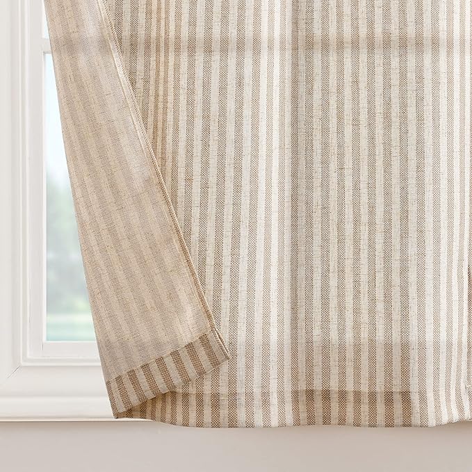 jinchan Tie Top Linen Kitchen Curtains 36 Inches Striped Tier Curtains Farmhouse Modern Cafe Style Small Window Treatments Airy Light Filtering Rod Pocket for Living Room Bathroom 2 Panels Tan