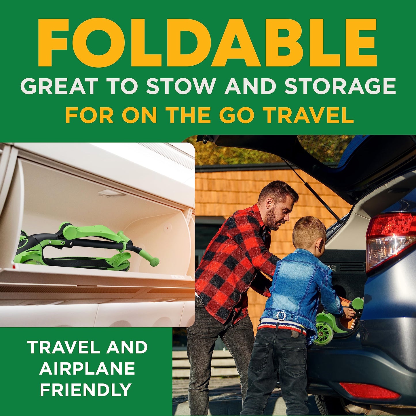 3 Wheel Scooter for Kids with Foldable Seat, Adjustable Handlebar Height, Lean-to-Steer Ride On Toy for Kids Ages 2+, Light-Up LED Wheels, Wide Anti Slip Deck, Indoor & Outdoor Use, Green