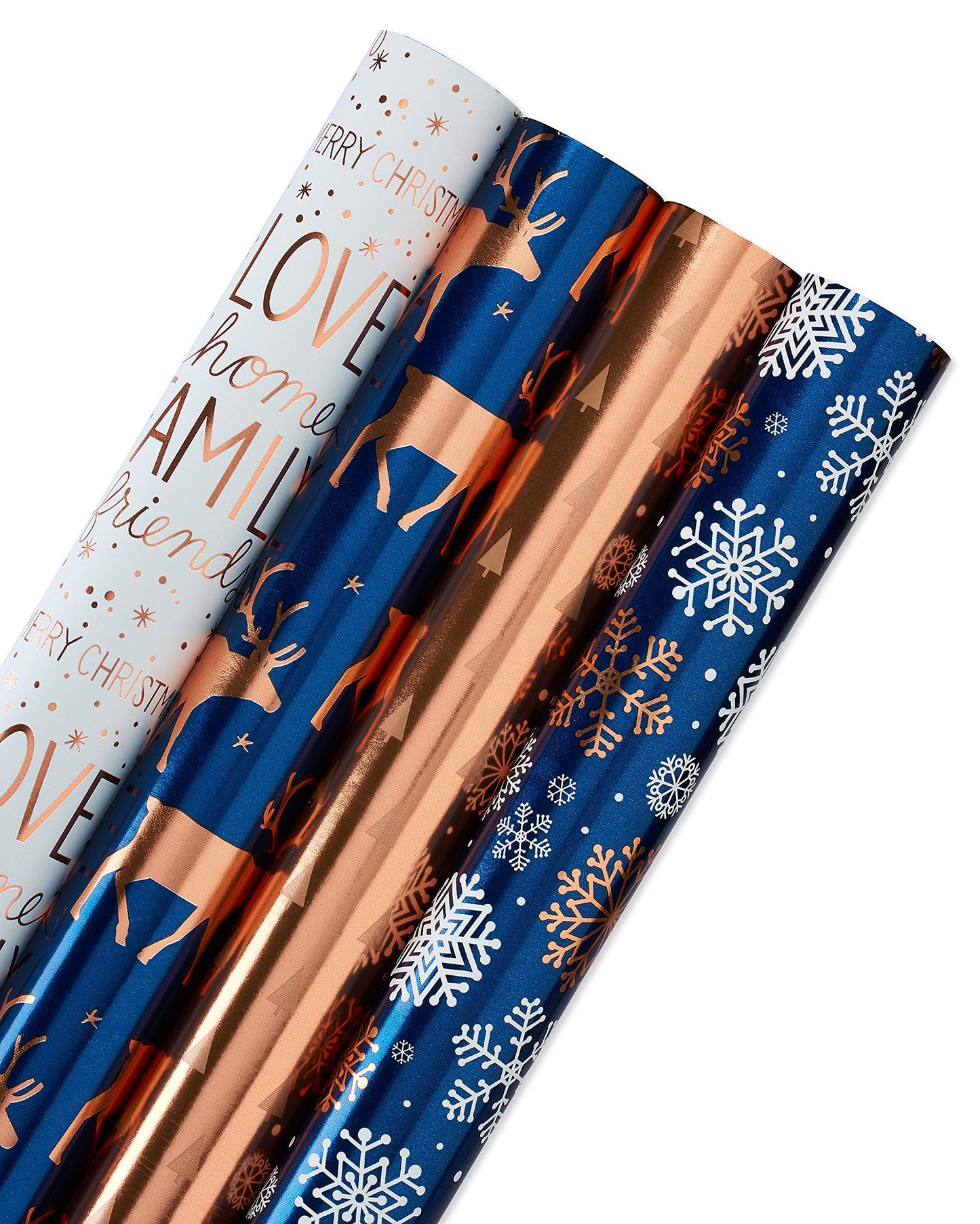 American Greetings Foil Christmas Wrapping Paper Rolls, Metallic Rose Gold and Navy Blue Holiday Gift Wrap (80 sq. ft., 4 Rolls-30 in. x 8 ft., Reversible) Snowflakes, Reindeer, Merry Christmas