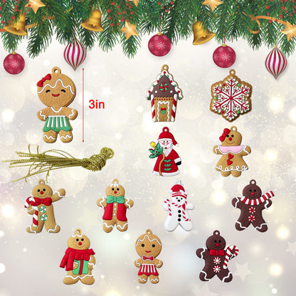 12pcs Christmas Ornaments Cute Snowman Xmas Tree Decorations Santa Claus Plastic Figurines Ornaments with Sugar Cookie House for Christmas Tree Hanging Party DIY Decor 3 Inch Tall