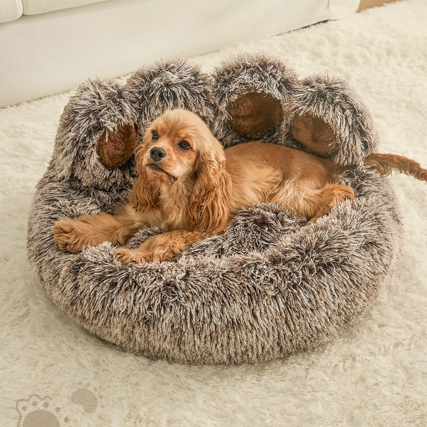 Jiupety Paw Shape Calming Pet Bed, Plush Faux Fur Donut Bed for Dogs & Cats, Machine Washable, Non-Slip Bottom, Large Size (26"×26"×8"), Gray