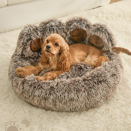 Jiupety Paw Shape Calming Pet Bed, Plush Faux Fur Donut Bed for Dogs & Cats, Machine Washable, Non-Slip Bottom, Large Size (26"×26"×8"), Gray
