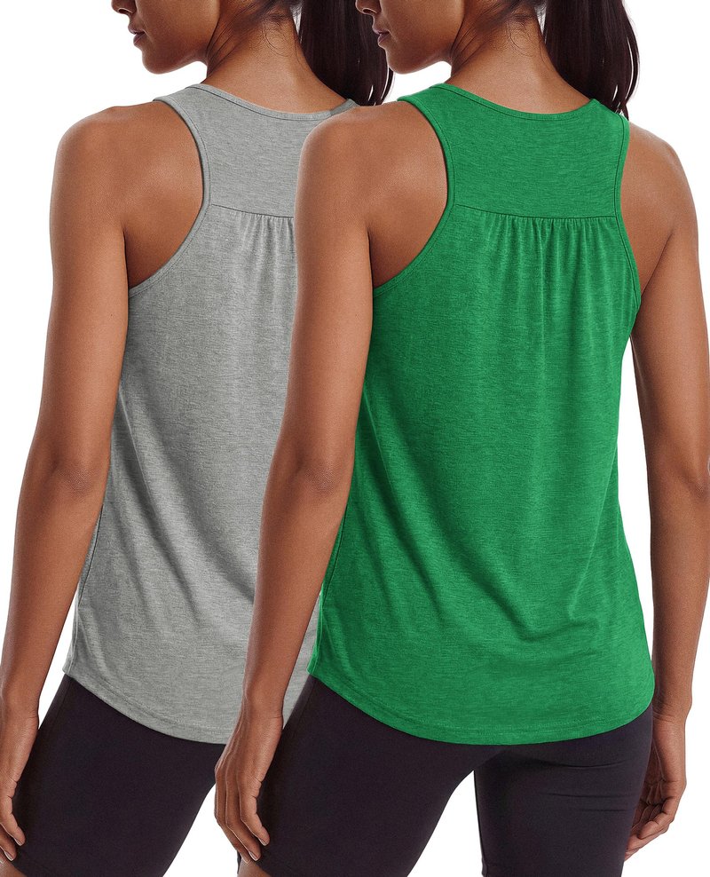 PINSPARK Workout Tops for Women Racerback Quick Dry Yoga Muscle Shirts Sleeveless Loose Athletic Exercise Running Tennis Tank Top,Light Grey/Green M